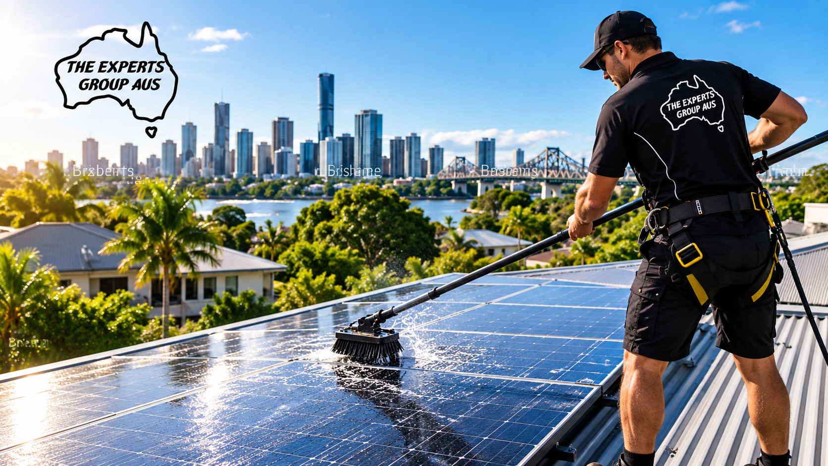 Professional cleaner washing dirty solar panels in Brisbane