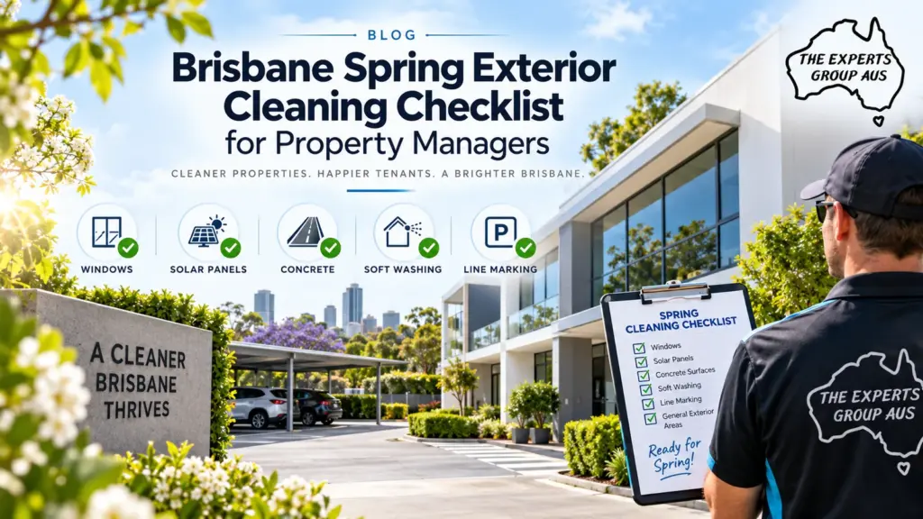 Spring exterior cleaning checklist showing windows, solar panels, façade, walkways and line marking