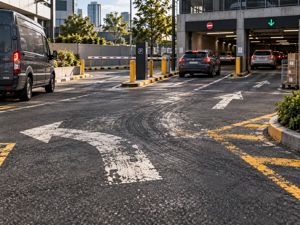 Worn directional arrows in a high traffic car park