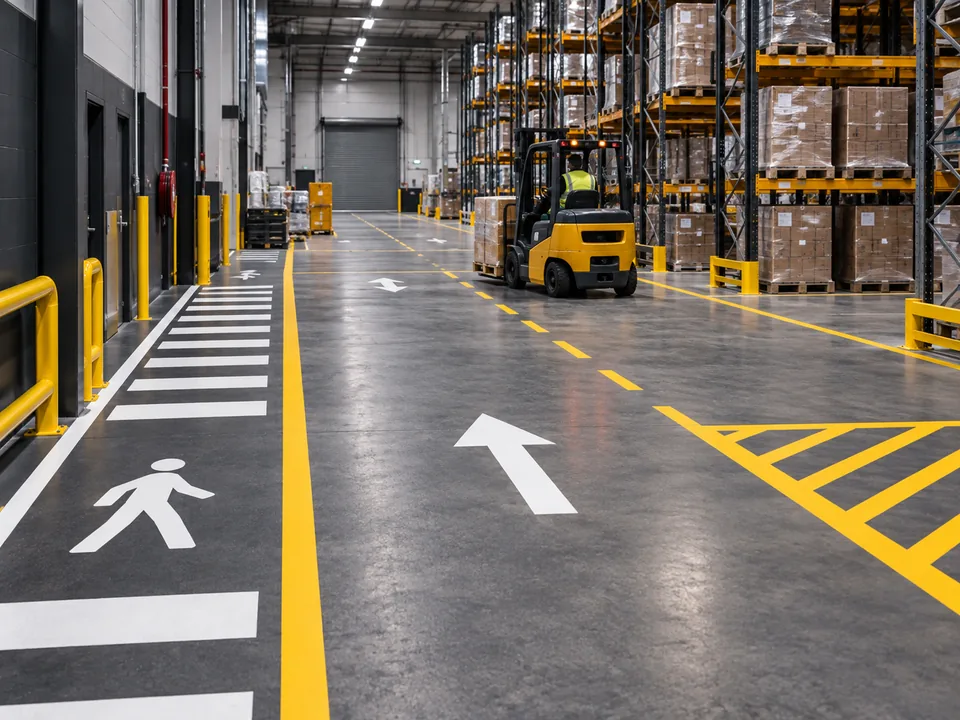Warehouse floor line marking separating pedestrian and forklift areas